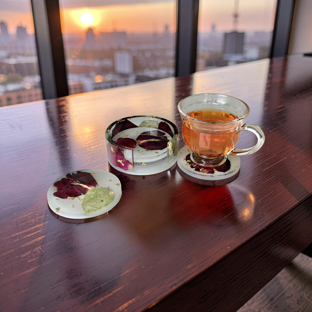 Coaster Set- Round- Preserved Rose petals